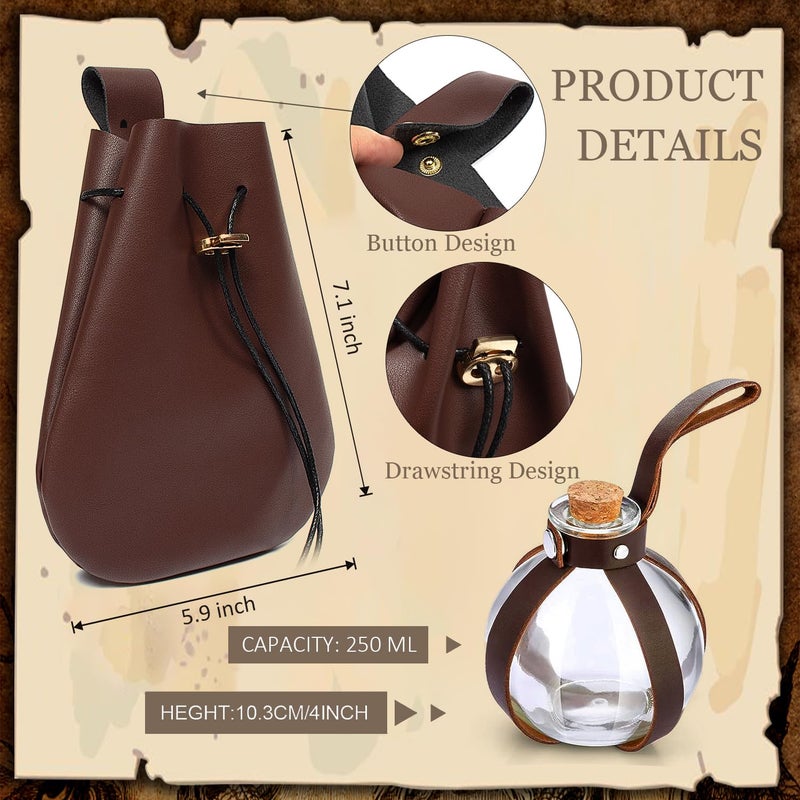 SUMGOGO 5 PCS Belt Pouch Waist Bag Retro Medieval Viking Leather Belt Magic Potion Bottle Renaissance Halloween Cosplay Costume Sets (Brown) - Image 4